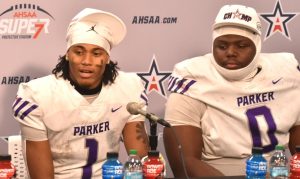 Na’eem Offord, left, and defensive lineman Jourdin Crawford, who earned game MVP honors with six total sacks, five unassisted, with three sacks and 4½ tackles for loss. (Solomon Crenshaw Jr., For The Birmingham Times)