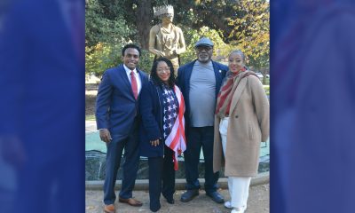 Supporters of reparations in California held a news conference in front of California Native American Monument on Dec. 2. Pictured here (from left to right) are: Tullus Miller, a Bay Area financial services executive; Los Angeles-based attorney Cheryce Cryer; Dr. Booker Cook, Ethnics Studies professor at California State University, Sacramento (CSU-Sacramento); and Khansa “Friday” Jones-Muhammad, vice president of the Los Angeles Reparations Advisory Commission. CBM photo by Antonio Ray Harvey.