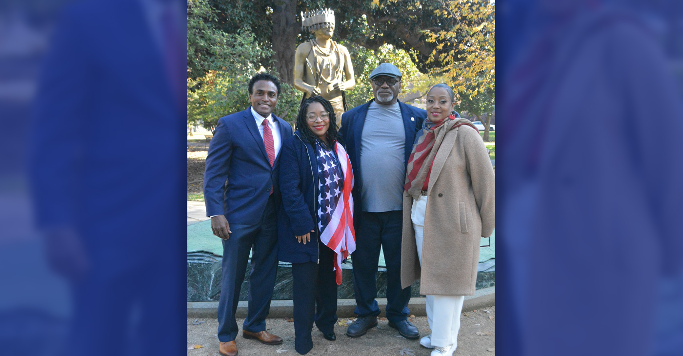 Supporters of reparations in California held a news conference in front of California Native American Monument on Dec. 2. Pictured here (from left to right) are: Tullus Miller, a Bay Area financial services executive; Los Angeles-based attorney Cheryce Cryer; Dr. Booker Cook, Ethnics Studies professor at California State University, Sacramento (CSU-Sacramento); and Khansa “Friday” Jones-Muhammad, vice president of the Los Angeles Reparations Advisory Commission. CBM photo by Antonio Ray Harvey.