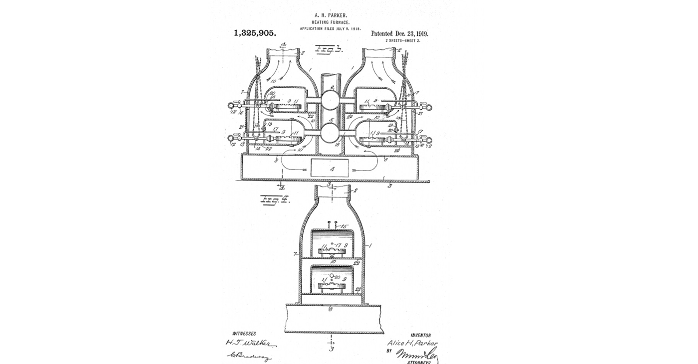 In 1919, Alice Parker patented the design for a gas-powered central heating system, a groundbreaking invention. Image courtesy of U.S. Patent Office.