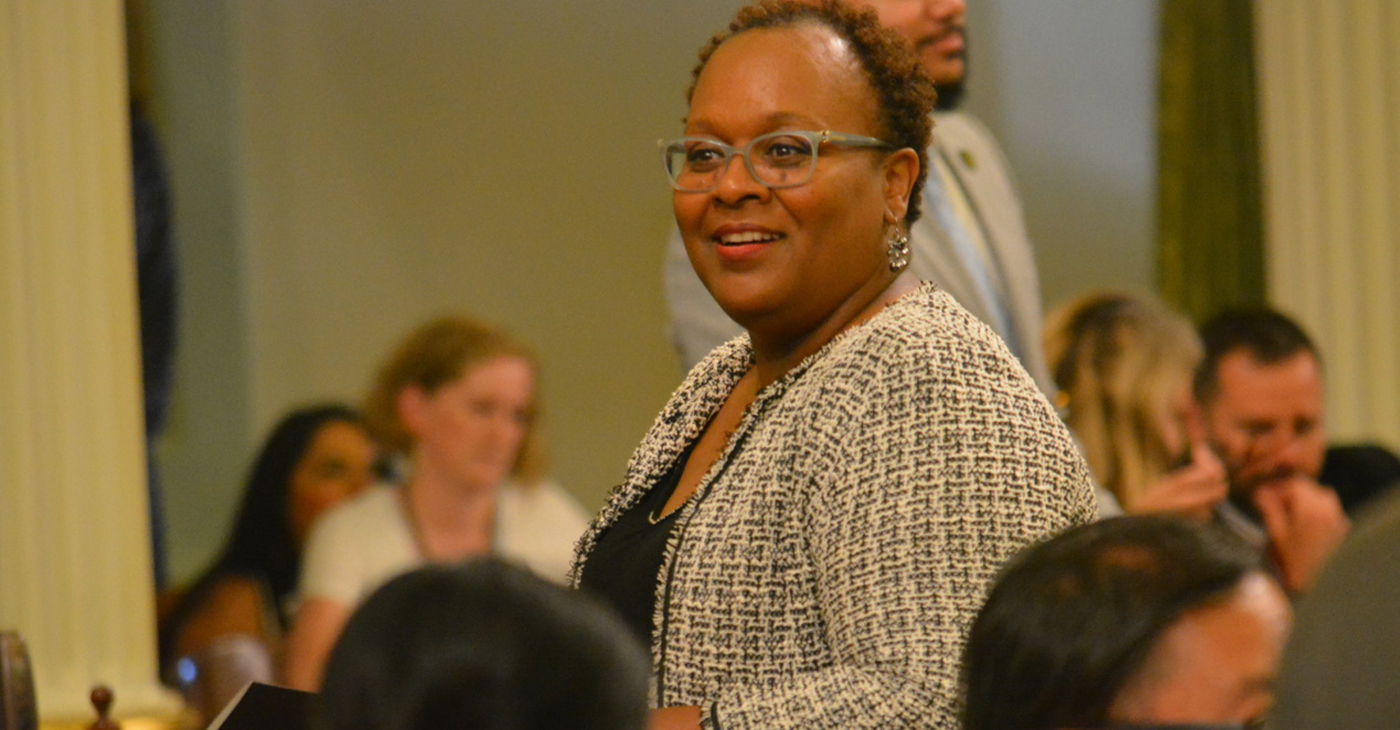 Asm. Lori Wilson (D-Suisun City) is greeted by ACA 8 supporters from across the state after the bill's passage in the Senate. (CBM photo by Antonio Ray Harvey, June 27, 2024)