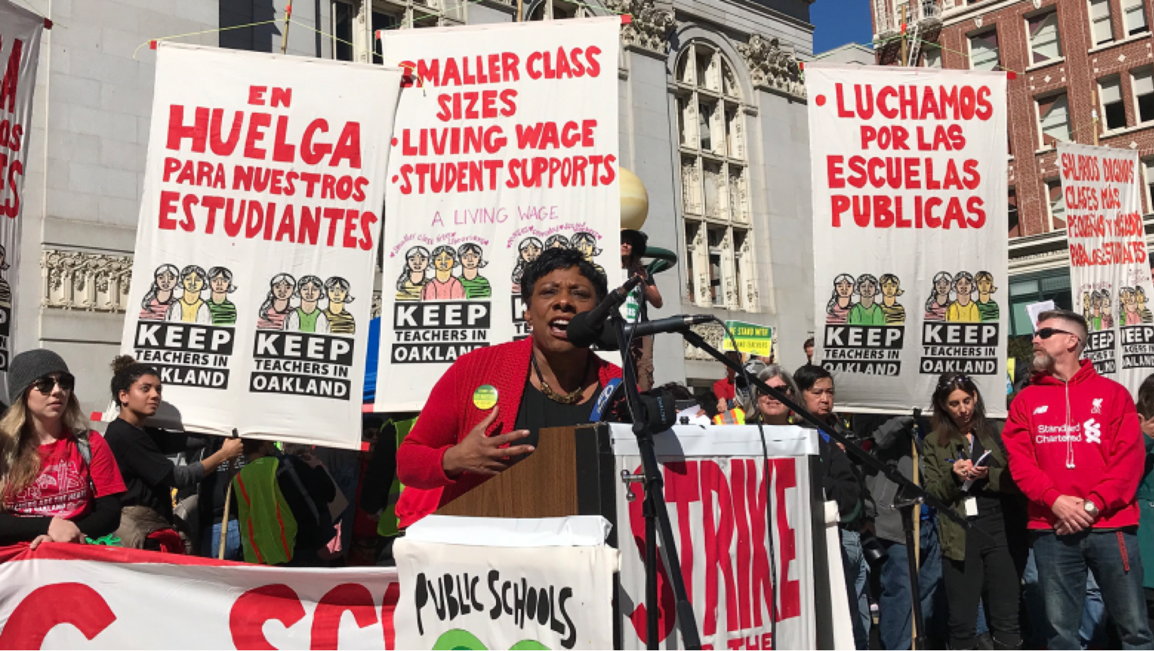 Becky Pringle at an Oakland rally (photo courtesy of NEA website)