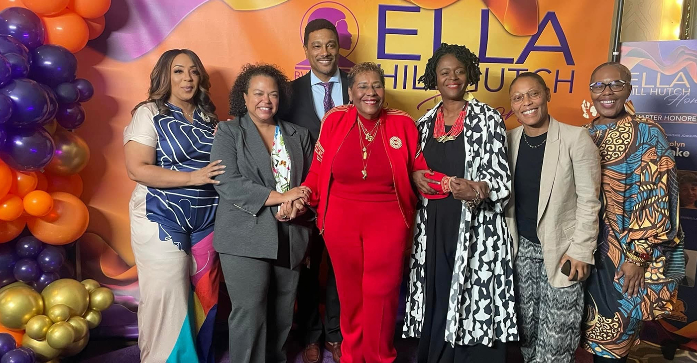 L-R: BWOPA State Executive Director LaNiece Jones; State Asm. Mia Bonta; BWOPA 2024 Man of The Year/Urban League SFBA CEO Ken Maxey; BWOPA State President Hon. Dezie Woods-Jones; State Senator Lola Smallwood-Cuevas; Rowena Brown, Oakland Councilmember At-Large, Elect; BWOPA State Regional Director Vashone Huff. Courtesy photo.