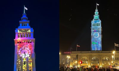 The clock tower of the Ferry Building lights up with digital art projection. Photo by Anka Lee.