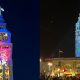 The clock tower of the Ferry Building lights up with digital art projection. Photo by Anka Lee.