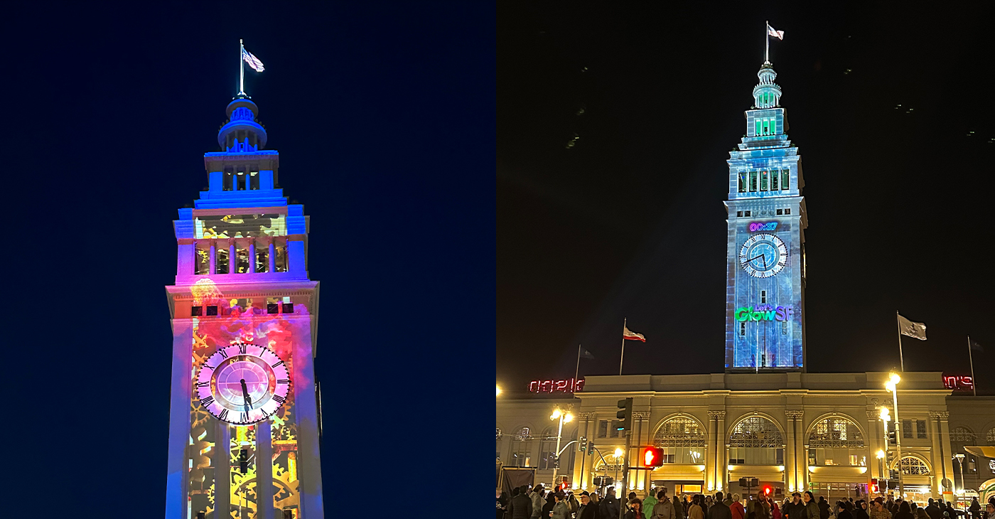 The clock tower of the Ferry Building lights up with digital art projection. Photo by Anka Lee.