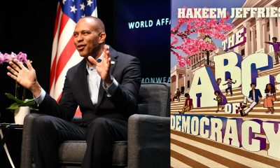 : House Minority Leader Hakeem Jeffries at the Commonwealth Club World Affairs Council on Dec. 2. Photo by Johnnie Burrell. Book cover: "The ABCs of Democracy" by Hakeem Jeffries.