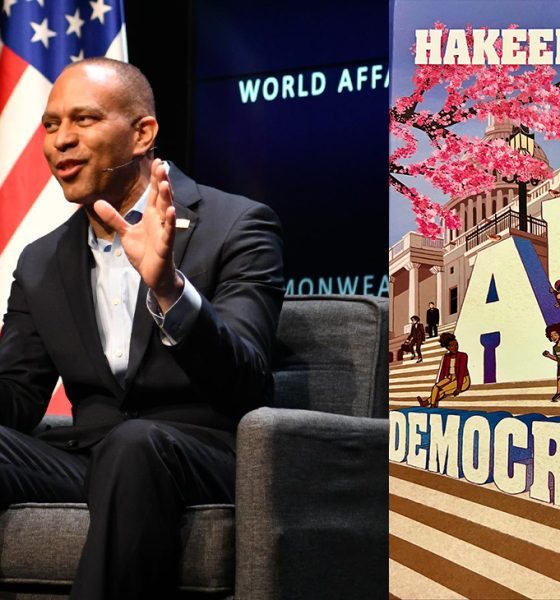 : House Minority Leader Hakeem Jeffries at the Commonwealth Club World Affairs Council on Dec. 2. Photo by Johnnie Burrell. Book cover: "The ABCs of Democracy" by Hakeem Jeffries.