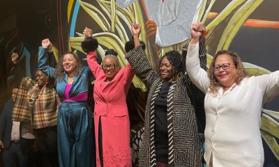 Assemblymembers LaShae Sharp-Collins (D-San Diego), Sade Elhawary (D-Los Angeles), Tina McKinnor (D-Inglewood), and Senators Lola Smallwood-Cuevas (D-Los Angeles) and Laura Richardson (D-Inglewood) join hands in unity at the Black Queens Reception on December 6 in Sacramento, showcasing their commitment to leadership and representation.