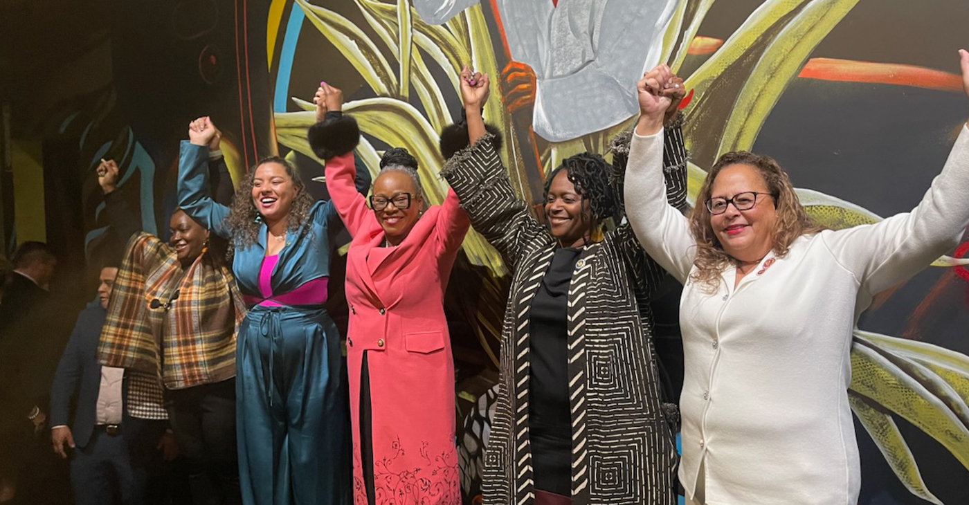 Assemblymembers LaShae Sharp-Collins (D-San Diego), Sade Elhawary (D-Los Angeles), Tina McKinnor (D-Inglewood), and Senators Lola Smallwood-Cuevas (D-Los Angeles) and Laura Richardson (D-Inglewood) join hands in unity at the Black Queens Reception on December 6 in Sacramento, showcasing their commitment to leadership and representation.