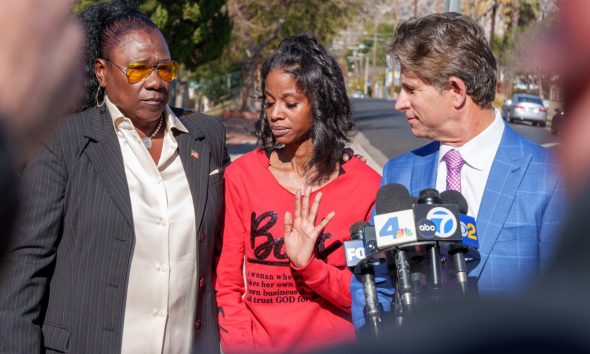 (Left to right) Civil Rights Attorney Caree Harper comforts the victim’s mother as she becomes emotional when describing the attacks on her son while her attorney Bradley C. Gage listens. Verdugo Hills High School on Thursday, Dec. 20, 2024, in Tujunga, CA. (Solomon O. Smith /for California Black Media)