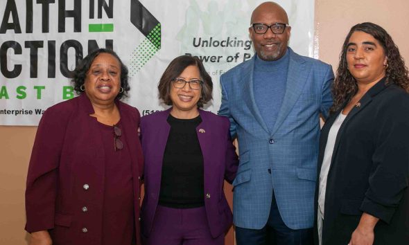 Some faith and community leaders who attended the year-end Ceasefire press conference are (left to right): Rev. Damita Davis-Howard, Oakland Mayor Nikki Fortunato Bas, Rev. Michael Wallace, and Brooklyn Williams. Photo by Kevin Hicks.