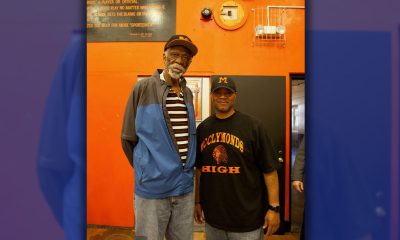 Bill Russell and Brian McGhee in McClymonds High School Gym, 2011. Photo courtesy of Brian McGhee.