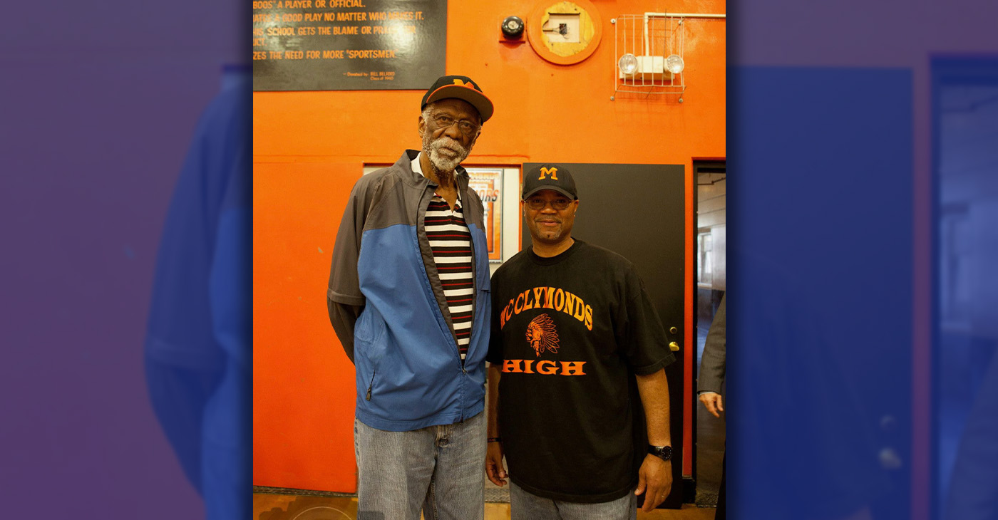 Bill Russell and Brian McGhee in McClymonds High School Gym, 2011. Photo courtesy of Brian McGhee.