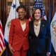 Rep. Lateefah Simon, left, and Vice President Kamala Harris in Harris’ office on Jan. 7. Courtesy photo.