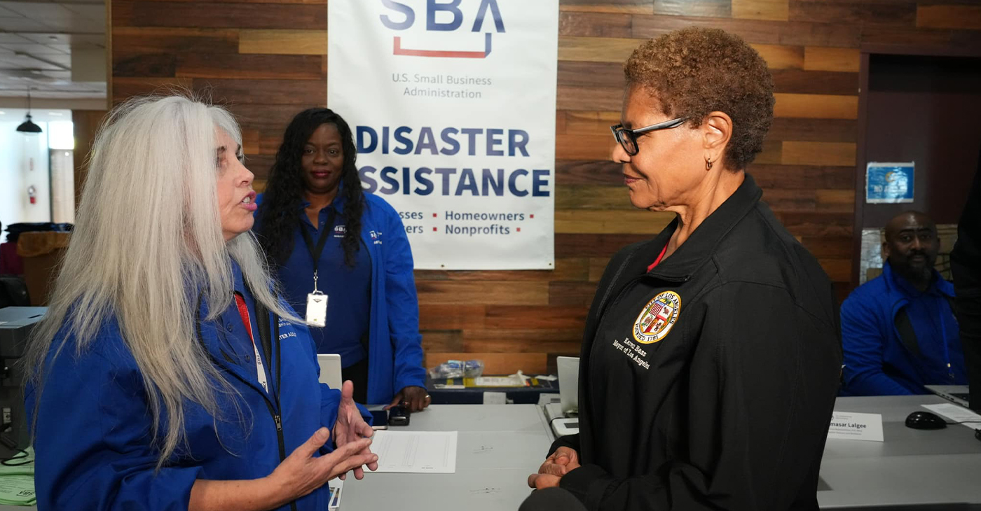 : Mayor Karen Bass and a representative from the SBA who is offering advice to businessowners impacted by the fires. Photo courtesy of Mayor Bass’s Facebook page.