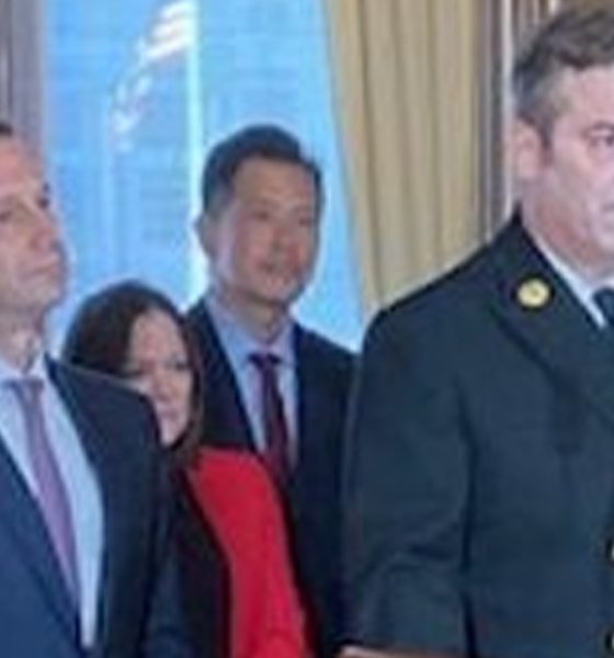 San Francisco’s new Fire Chief Dean Crispen makes remarks as Mayor Daniel Lurie looks on at the ceremony Jan. 10 at City Hall. Photograph by Conway Jones.