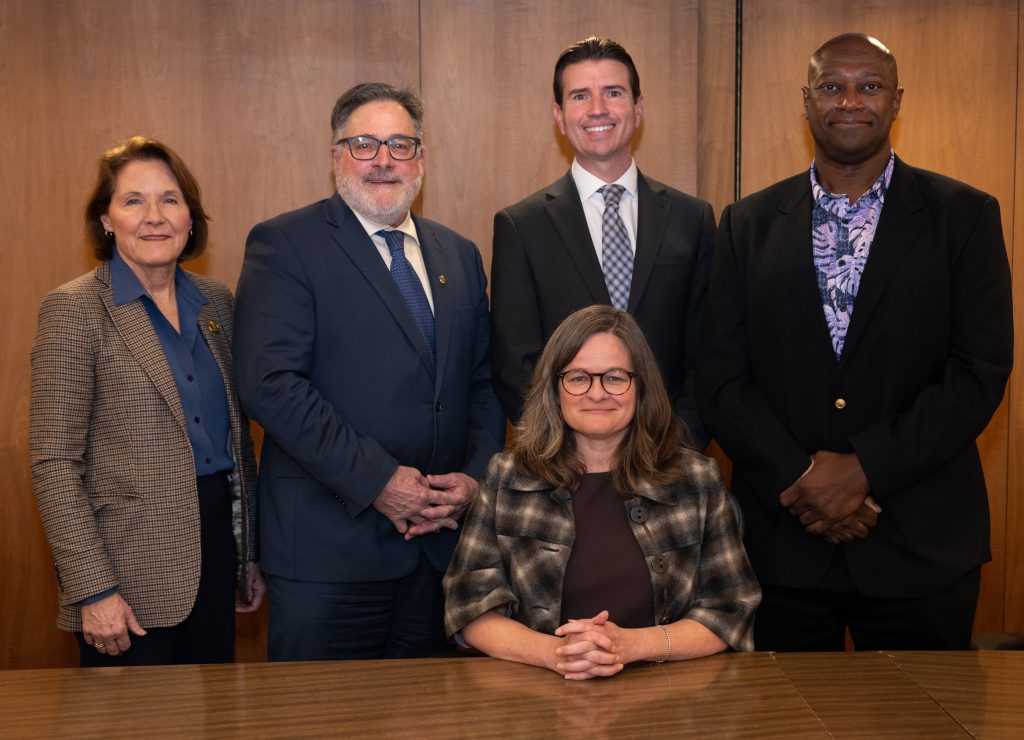 The Marin County Board of Supervisors members are (from left, standing) District 3's Stephanie Moulton-Peters, District 4's Dennis Rodoni, District 5's Eric Lucan, District 2's Brian Colbert, and (seated) District 1's Mary Sackett, who is serving as Board President for 2025.