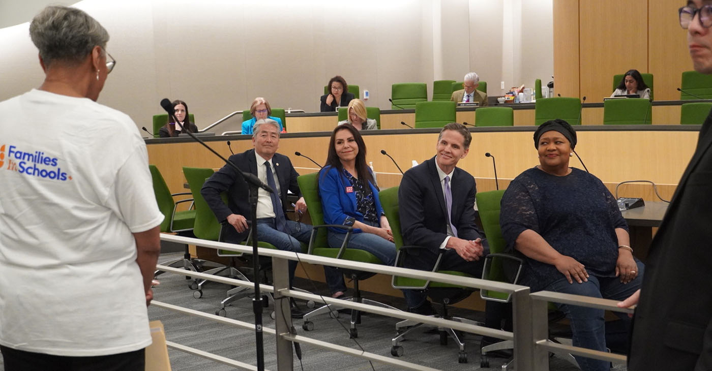California Teachers Association Legislative Advocate Patricia Rucker, EdVoice CEO Marshall Tuck, Asm. Blanca Rubio (D-Baldwin Park) and Asm. Al Muratsuchi (D-Torrance) listen to public comments at an Assembly Education Committee hearing for AB 1454 on May 1. CBM photo by Antonio Ray Harvey.