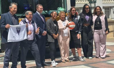 The Valkyries came to Oakland City Hall with a “Hoopbus.” Present were (from left to right): City Councilmembers Noel Gallo, Rebecca Kaplan, Zac Unger and Rowena Brown; Oakland Mayor-elect Barbara Lee, Valkyries President Jess Smith, a Valkyries team representative and Deputy Mayor LaNiece Jones. Photo courtesy Rebecca Kaplan’s office.