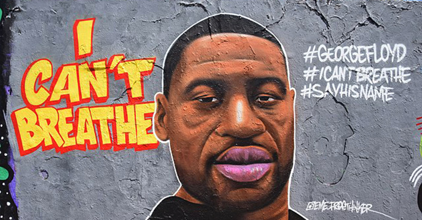 Mural showing the portrait of George Floyd in Mauerpark in Berlin. To the left of the portrait the lettering "I can't Breathe" was added, on the right side the three hashtags #GeorgeFloyd, #Icantbreathe and #Sayhisname. The mural was completed by Eme Street Art (facebook name) / Eme Free Thinker (signature) on 29 May 2020. (Wikimedia Commons)