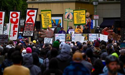 Hundreds gathered at Fruitvale Plaza in Oakland on June 10 in solidarity with immigrants and opposed to Trump’s use of armed federal agents in Los Angeles. Photo by Beth LaBerge/KQED.