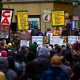 Hundreds gathered at Fruitvale Plaza in Oakland on June 10 in solidarity with immigrants and opposed to Trump’s use of armed federal agents in Los Angeles. Photo by Beth LaBerge/KQED.