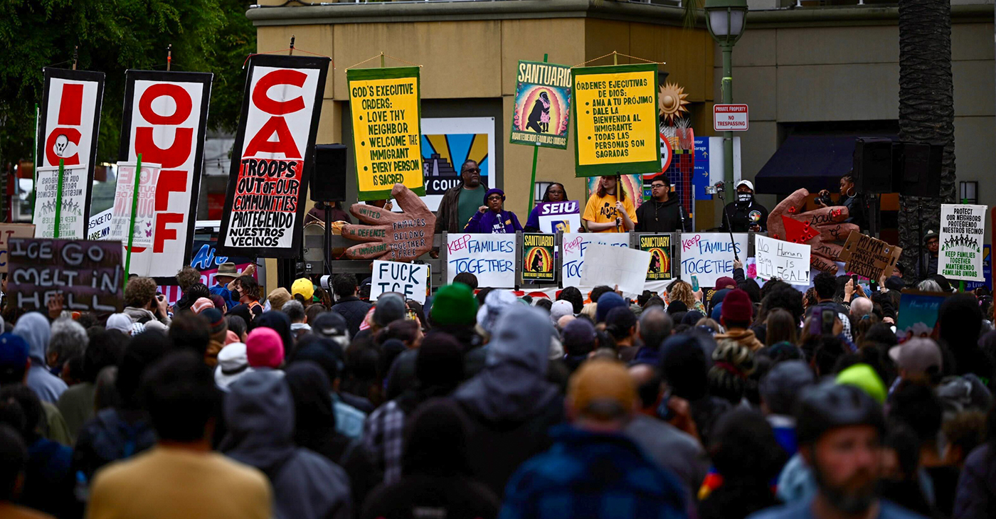 Hundreds gathered at Fruitvale Plaza in Oakland on June 10 in solidarity with immigrants and opposed to Trump’s use of armed federal agents in Los Angeles. Photo by Beth LaBerge/KQED.
