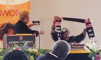 Honoring Dezie Woods-Jones (right) longtime to commitment to community at leader of BWOPA, Oakland Mayor Barbara Lee (left) presented BWOPA Founder Dezie Woods-Jones with kente cloth at the "Passing the Torch, Celebrating Legacy & Leadership” event on July 26. Photo Courtesy of Carla Thomas.