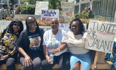Outside Attorney General Rob Bonta's office, Kathryn Wade of Antioch, Malad Baldwin's mother, Jalani Lovett’s sister, Yvette Martin, Jalani Lovett’s mother, activist Terry Lovett, and an unnamed supporter protest violence across California and demand justice for Jalani Lovett. Photo courtesy of Carla Thomas.
