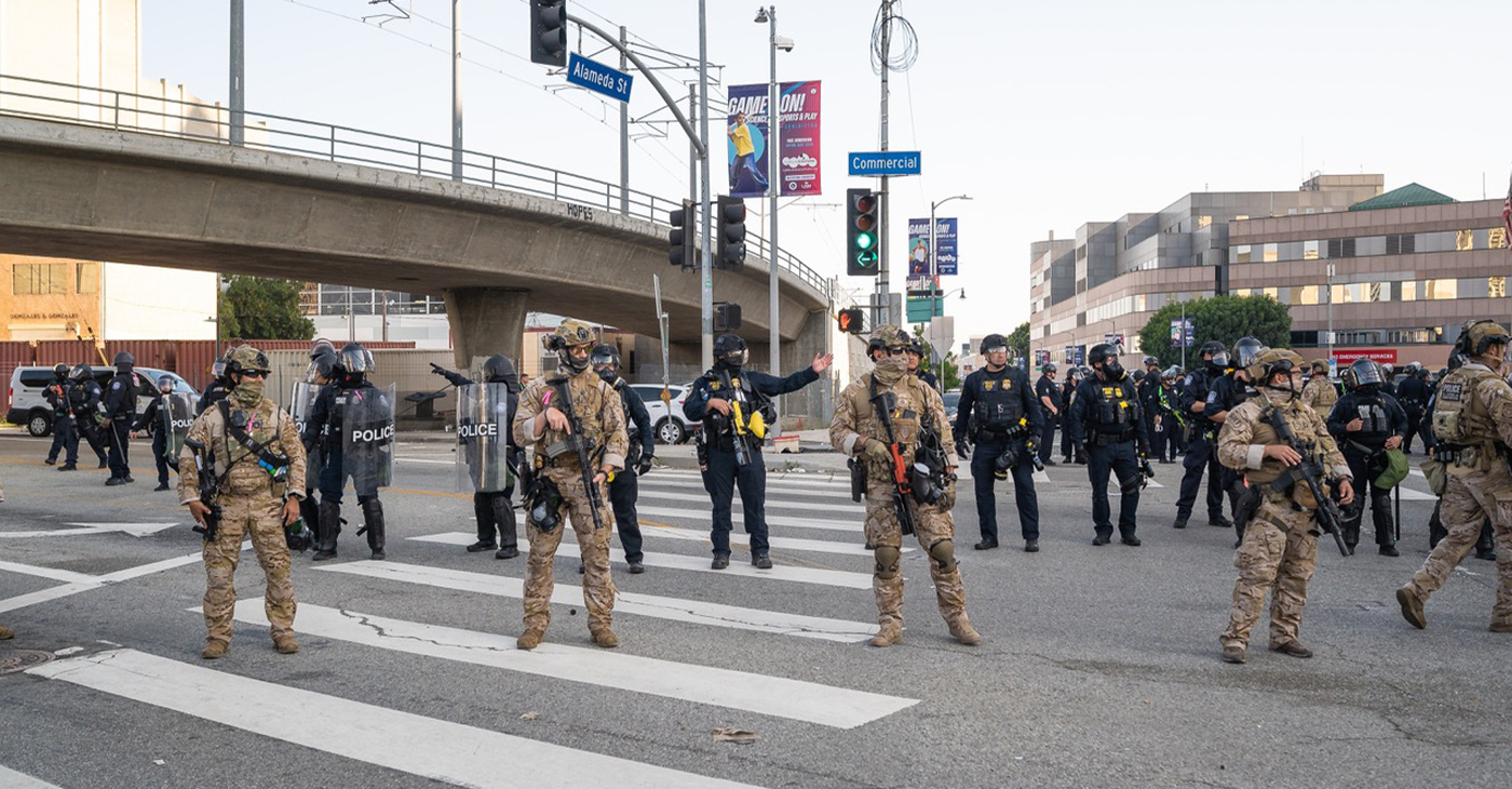 Los Angeles, USA – June 8, 2025. National Guard troops on standby during a downtown demonstration against expanded ICE operations and in support of immigrant rights. Shutterstock.