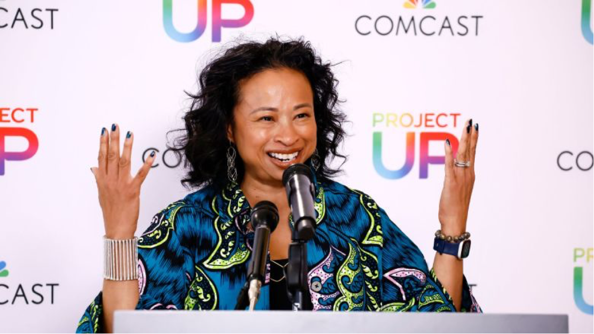 Dalila Wilson-Scott, executive vice president and chief impact and inclusion officer for Comcast Corp., gives remarks at the ribbon-cutting for Comcast’s latest Flagship Lift Zone in Southeast D.C. The hub will provide access to free Wi-Fi and digital skill training. Credit: Photo courtesy of Comcast