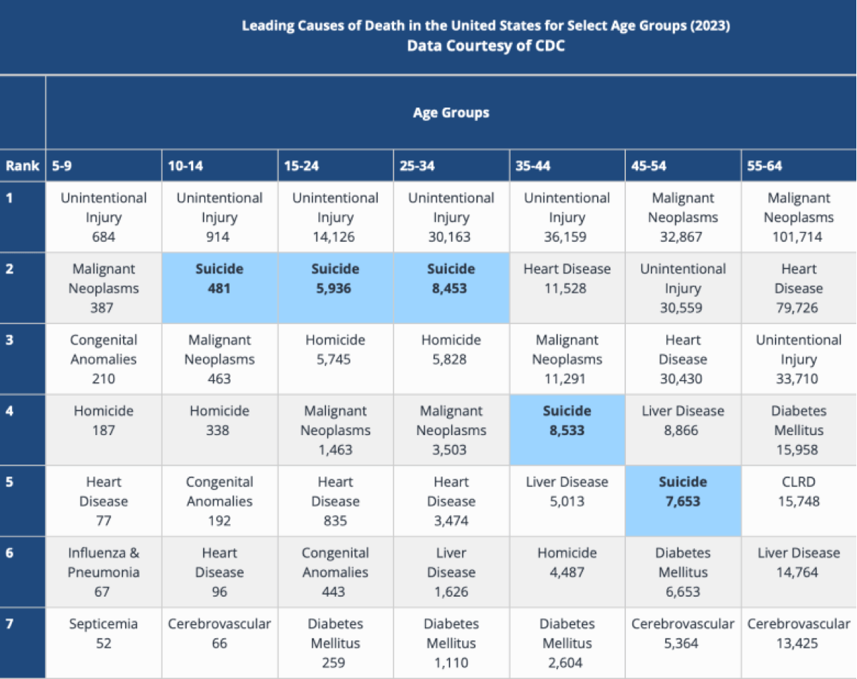 In 2023, suicide was the second leading cause of death for U.S. youth and young adults ages 10-34. Photo Credit: Chart courtesy of the National Institute of Mental Health