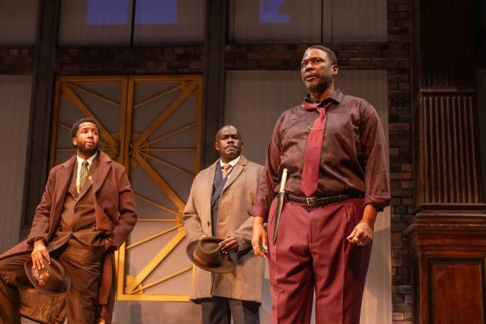 From left: “Julius X” is at Folger Shakespeare Theatre until Oct. 26. Shawn Sebastian Naar is Octavius and Marullus, Dwayne Alistair Thomas is Casca and Flavius, and Greg Alverez Reid is Brutus. (Courtesy of Erika Nizborski).