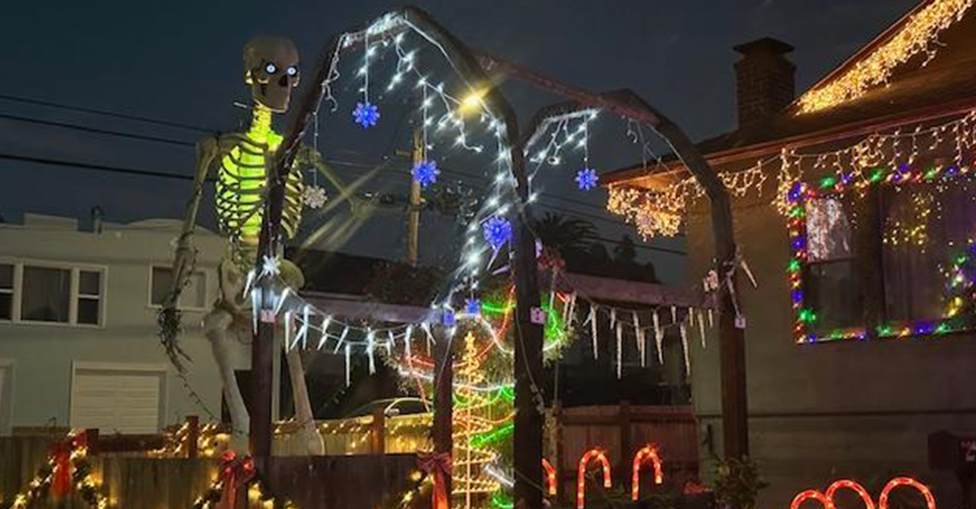 Christmas lights on a house near the writer’s residence in Oakland. Photo by Joseph Shangosola.