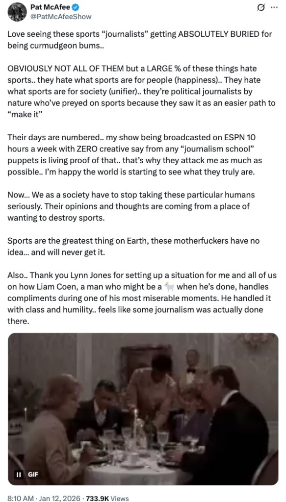 A tweet from Pat McAfee criticizing sports journalists for negativity.